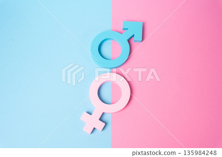 Male and female genders on the gender boundary. Balance in relationships. Binary and non-binary. Identity spectrum concept, social dialogue and respect. Equality and modern views on gender roles. 135984248