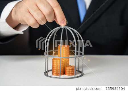 A businessman keeps his money in a cage. Freezing financial assets. Protect savings from inflation with the help of safe deposits. Financial security concept, risk avoidance 135984304