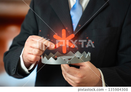 A businessman uses the asterisk as bait in a trap. Unfair terms and bureaucratic traps. Hidden penalties and fines. Fine print risks, misleading contracts and the danger of overlooked conditions A businessman uses the asterisk as bait in a trap. Unfair terms and bureaucratic traps. Hidden penalties and fines. Fine print risks, misleading contracts and the danger of overlooked conditions 135984308