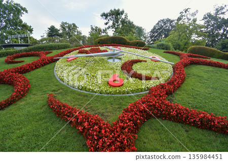 August 15, 2022: Summer scenery with a floral clock in Geneva, Switzerland August 15, 2022: Summer scenery with a floral clock in Geneva, Switzerland 135984451