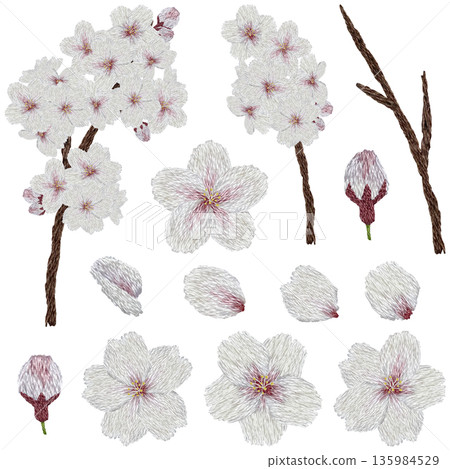 [Cherry Blossom Set] Hand-embroidered illustration material 135984529