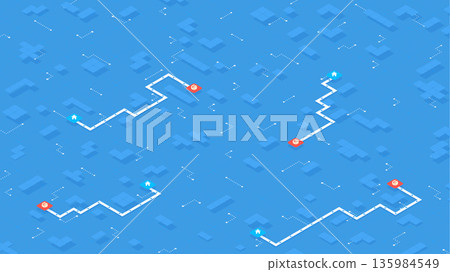 Delivery services, navigation plan for package. Red and blue GPS map markers and connecting paths. Abstract isometric navigation on a textured blue surface. Vector illustration Delivery services, navigation plan for package. Red and blue GPS map markers and connecting paths. Abstract isometric navigation on a textured blue surface. Vector illustration 135984549