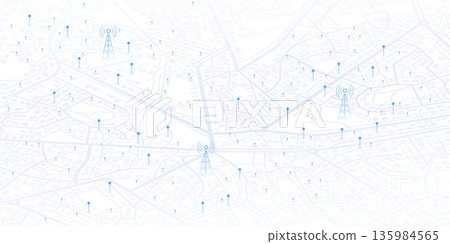 GPS coverage and 5G wi-fi. Network connectivity, signal distribution across the city. Isometric cityscape with wireless communication towers. Location signal strength indicators. Vector illustration GPS coverage and 5G wi-fi. Network connectivity, signal distribution across the city. Isometric cityscape with wireless communication towers. Location signal strength indicators. Vector illustration 135984565