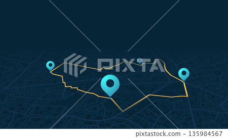 GPS navigation. Route planning, navigation plan to multiple location points. Isometric city scape navigation on detailed street grid. Vector illustration. 135984567