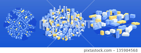 Set of 3d map views. Urban planning for development smart city. Isometric city map. Detailed view of skyline with dense infrastructure and architecture. Vector illustration, isolated 135984568