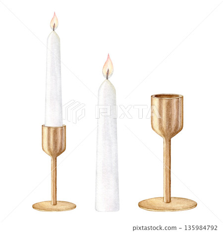 Watercolor set of golden candlestick and tall white candle. isolated elements : candle in holder, separate candlestick and single candle for DIY design , wedding and holiday decor 135984792