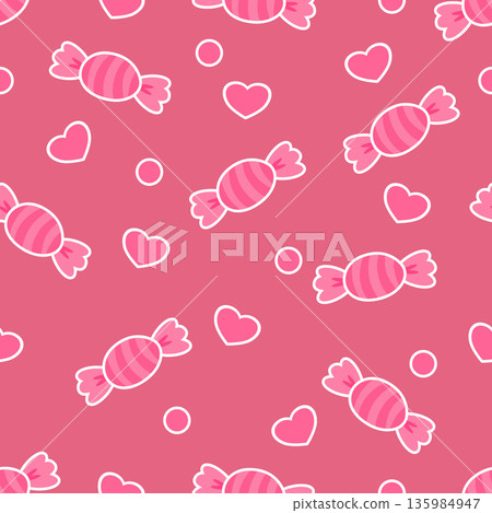 Sweet Pink Candy Seamless Pattern with Hearts and Polka Dots for Valentine's Day Background 135984947