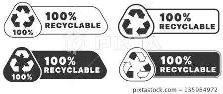 Set of black and white recyclable labels showing different shapes and designs for recycling Set of black and white recyclable labels showing different shapes and designs for recycling 135984972