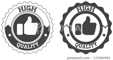 Circular badges with thumbs up icon and black and white packaging labels on a plain background Circular badges with thumbs up icon and black and white packaging labels on a plain background 135984993