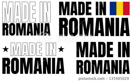 Icons set showing made in Romania text in bold font with different styles and colors Icons set showing made in Romania text in bold font with different styles and colors 135985029