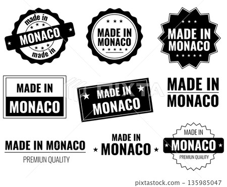 Labels set featuring Made in Monaco icons for quality products in Monaco Labels set featuring Made in Monaco icons for quality products in Monaco 135985047