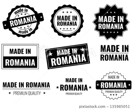 Icons set showing Made in Romania labels for products in a clear layout suitable for branding Icons set showing Made in Romania labels for products in a clear layout suitable for branding 135985051