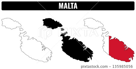 Different shapes of Malta shown in black, white, and red with details of its geography 135985056