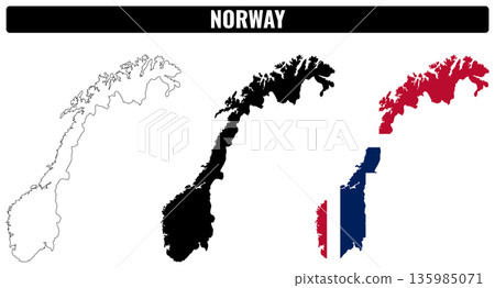 Norway shapes set showing outline and colored maps in different designs Norway shapes set showing outline and colored maps in different designs 135985071