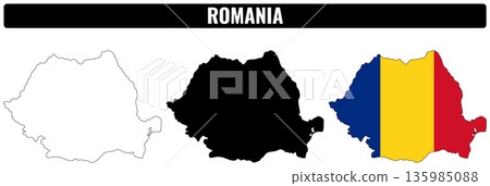 Romania shapes set shows outline, filled shape, and flag representation Romania shapes set shows outline, filled shape, and flag representation 135985088