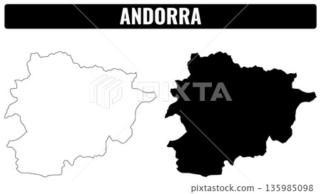 Shapes of Andorra displayed in two forms showing the outline and filled black silhouette Shapes of Andorra displayed in two forms showing the outline and filled black silhouette 135985098