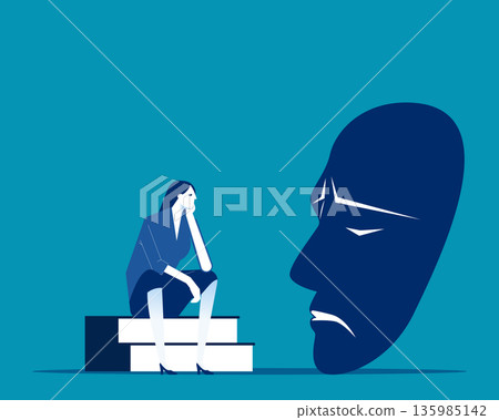 Mask. A suffering businessman huddles among masks Mask. A suffering businessman huddles among masks 135985142