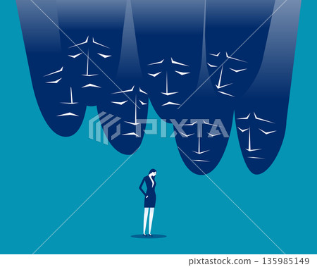 Mask. A suffering businesswoman huddles among masks 135985149