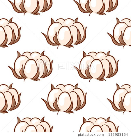 Seamless pattern with flat style cotton bolls. Soft illustration on white background for textile, fabric, packaging, wallpaper and natural design. Seamless pattern with flat style cotton bolls. Soft illustration on white background for textile, fabric, packaging, wallpaper and natural design. 135985164