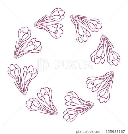 Wreath with crocus flower with leaf in line art style. Floral frame for spring design, greeting card and nature theme isolated on white background. 135985167