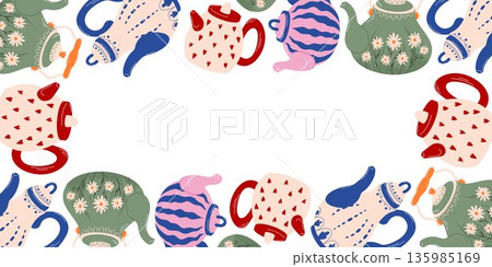 Pattern with decorative teapot and kettle in cozy flat style. Colorful illustration for kitchen decor, packaging, textile and stationery. Pattern with decorative teapot and kettle in cozy flat style. Colorful illustration for kitchen decor, packaging, textile and stationery. 135985169