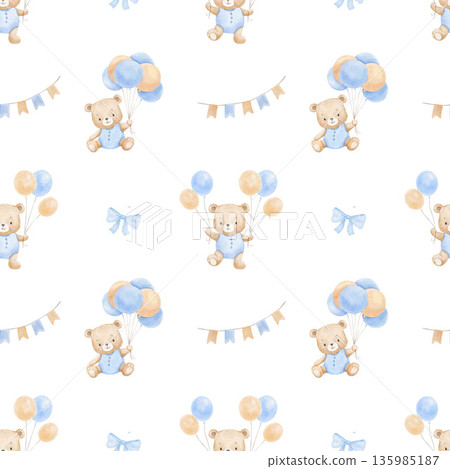 Seamless pattern with bear with birthday balloons, hand drawn illustrations on white background 135985187