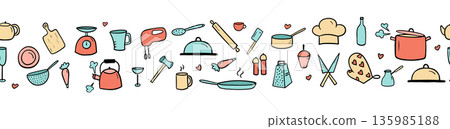 Seamless border with kitchen tools. Childish funny endless pattern isolated on white Seamless border with kitchen tools. Childish funny endless pattern isolated on white 135985188