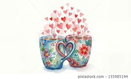 水彩插畫，描繪了一對帶有心形把手和冒著熱氣的心形馬克杯。 135985194
