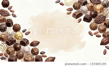 Cocoa beans and chocolate watercolor frame background and margin 135985195
