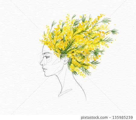 Mimosa Series: Profile art illustration of a woman with mimosa flowers in her hair 135985239