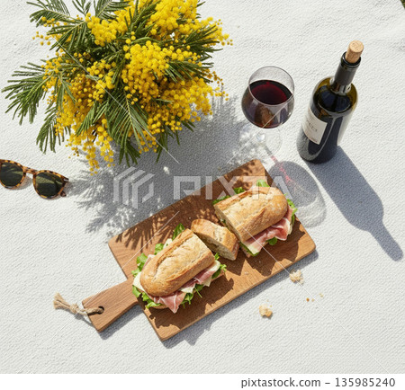 Mimosa Series: Spring Picnic with Baguette Sandwiches, Wine, and Mimosas 135985240