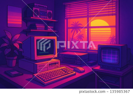 Retro 80s room with vintage computer, cassette player and sunset view, evoking nostalgia and vintage futuristic vibe. 135985367