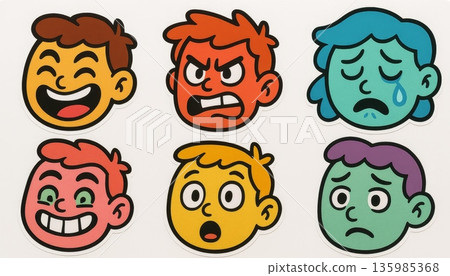 Colorful cartoon emotion faces depicting different feelings like happiness, anger, sadness and surprise, stickers isolated on white background 135985368