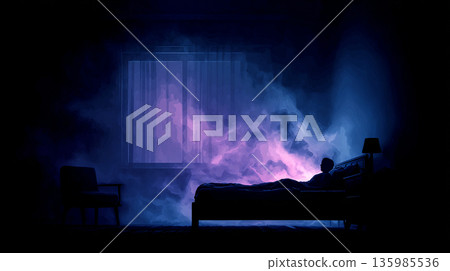 A boy on a bed emerging from the darkness A boy on a bed emerging from the darkness 135985536