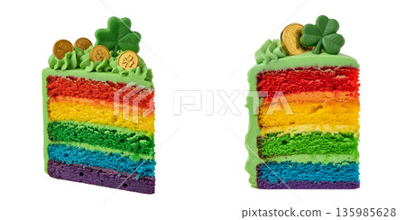 Festive rainbow cake slice decorated with a shamrock and gold coins for st. patrick's day, perfect for holiday parties and bakeries Festive rainbow cake slice decorated with a shamrock and gold coins for st. patrick's day, perfect for holiday parties and bakeries 135985628