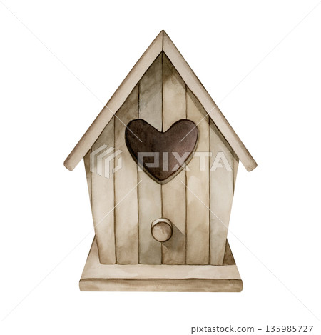 Wooden birdhouse vintage nesting box with heart shaped hole. Watercolor hand drawn illustration isolated on white background in rural style for Easter decor spring design cottagecore card poster print 135985727