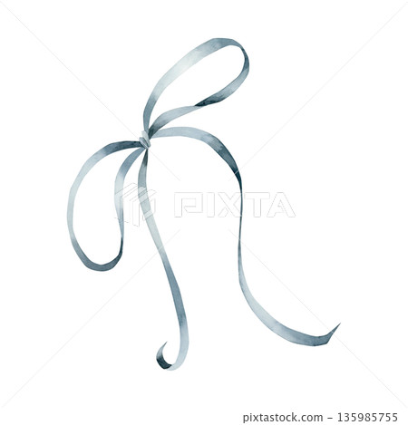 Blue ribbon bow. Trendy Coquette style. Watercolor hand painted illustration isolated on white background for Easter spring design, gift package greeting card prints whimsical textile fabric stickers 135985755
