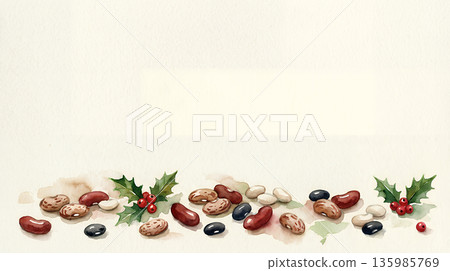 水彩冬季邊框，圖案為混合豆類和冬青，背景為奶油色紙張。 135985769