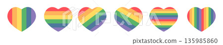 LGBT pride rainbow heart set, colorful stripe pattern heart icons for equality, diversity and inclusion awareness isolated on white background. LGBT pride rainbow heart set, colorful stripe pattern heart icons for equality, diversity and inclusion awareness isolated on white background. 135985860