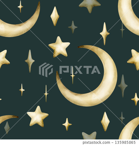 Cute golden crescent moon stars sparkle twinkles seamless pattern. Watercolor hand drawn isolated illustration on dark green background for Muslim holiday Ramadan design Eid Mubarak baby nursery kids 135985865