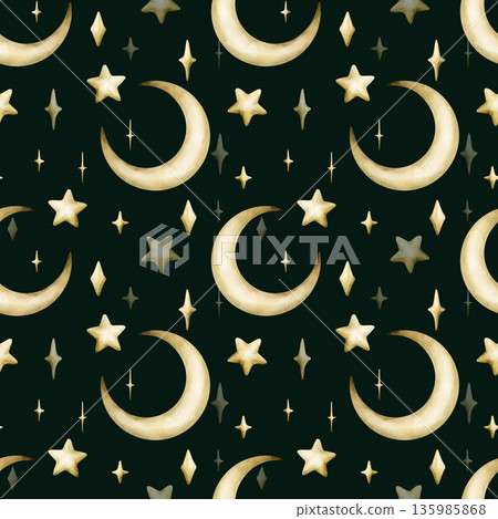 Cute golden crescent moon stars sparkle twinkles seamless pattern. Watercolor hand drawn isolated illustration on dark black background for Muslim holiday Ramadan design Eid Mubarak baby nursery kids 135985868