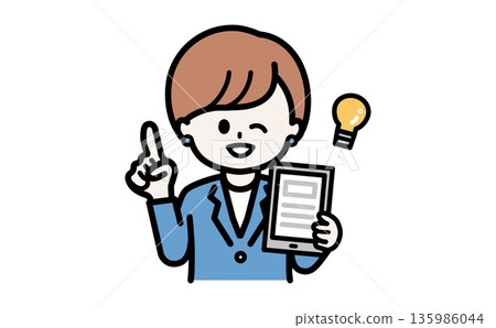 一位女性員工為銀行和公共機構的IT專案提出解決方案。平板電腦和靈感圖示。 一位女性員工為銀行和公共機構的IT專案提出解決方案。平板電腦和靈感圖示。 135986044