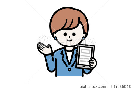 A woman in a trustworthy blue uniform provides guidance on the introduction of digital transformation. This image shows the promotion of digital transformation for financial institutions and corporations. 135986048