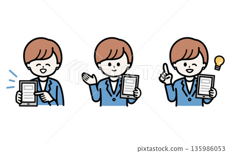 一組三幅女性員工的姿勢圖，用於講解數位轉型推廣和資訊科技應用。適用於銀行和企業的商業提案資料插圖。 135986053