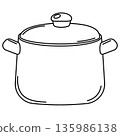 Cooking pot, black outline, isolated doodle illustration 135986138