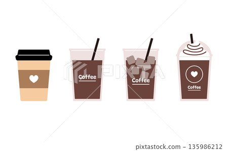 一套用於咖啡館的外帶咖啡杯向量插圖。帶吸管的杯子。 一套用於咖啡館的外帶咖啡杯向量插圖。帶吸管的杯子。 135986212