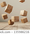 Abstract Decision Making Concept with Floating Wooden Cubes, Balance and Uncertainty, Minimal 3D Render, Generative AI 135986216
