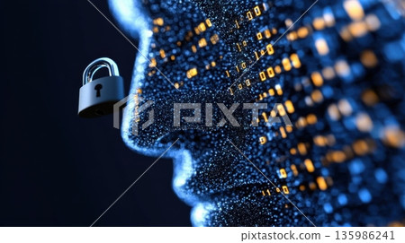Fragmented human head composed of data particles with a padlock symbolizing GDPR compliance. Judge gavel and binary code 135986241