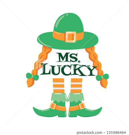 Meet Ms Lucky with her cute ginger braids and green leprechaun hat. This charming character illustration brings a feminine touch to the holiday. Meet Ms Lucky with her cute ginger braids and green leprechaun hat. This charming character illustration brings a feminine touch to the holiday. 135986464