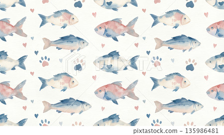 Watercolor fish, paws and hearts seamless pattern Watercolor fish, paws and hearts seamless pattern 135986481